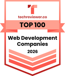 Techreviewer.co badge for Top 100 Web Development Companies 2026 in red and white