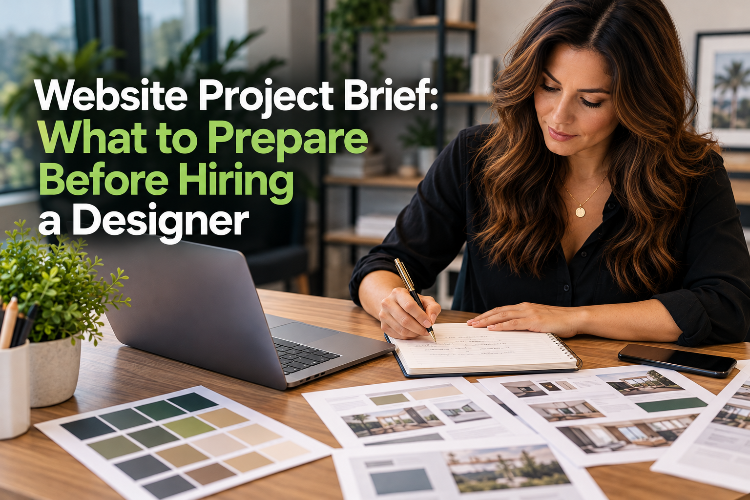 Business owner preparing a website project brief before hiring a web designer.