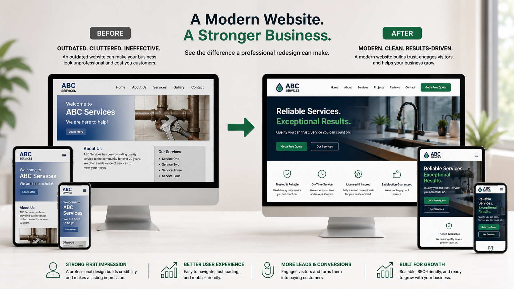 Before and after business website redesign comparison