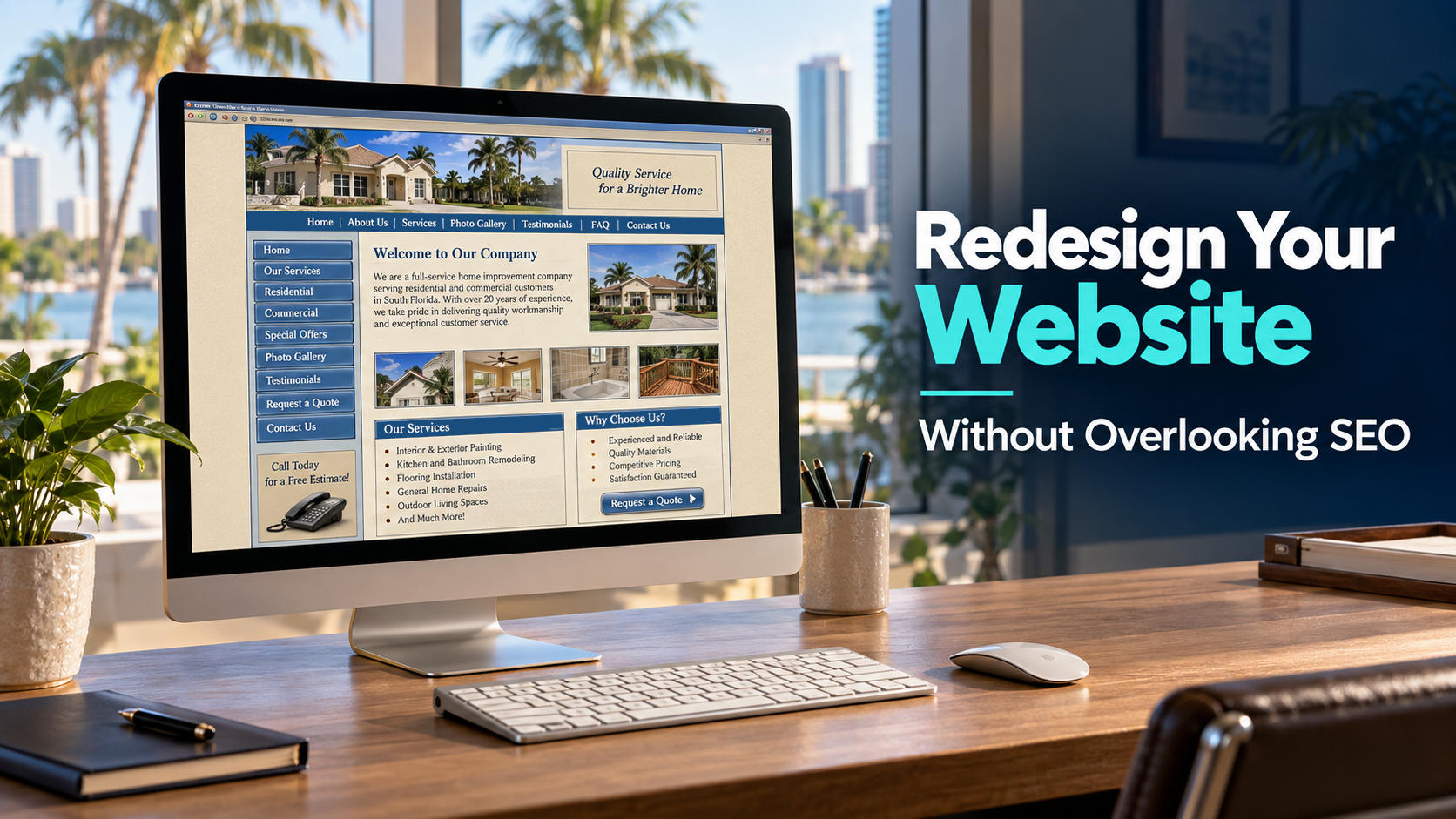 Outdated website on a desktop with text “Redesign Your Website Without Overlooking SEO