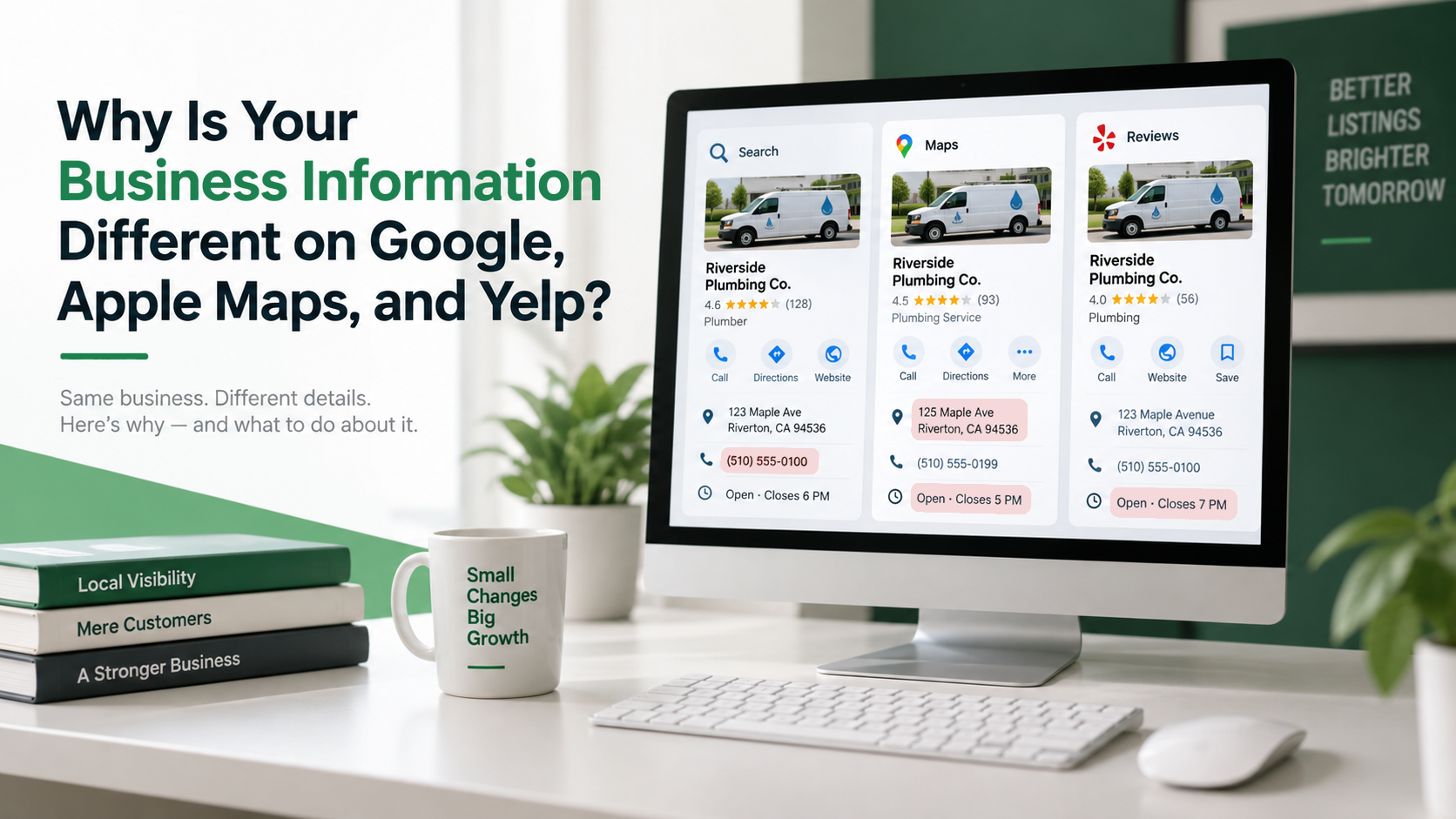 Different business listings on Google, Apple Maps, and Yelp