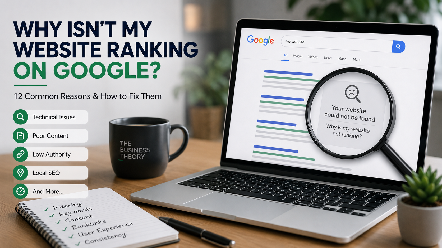 Illustration showing why a website isn't ranking on Google with common SEO issues like technical pro