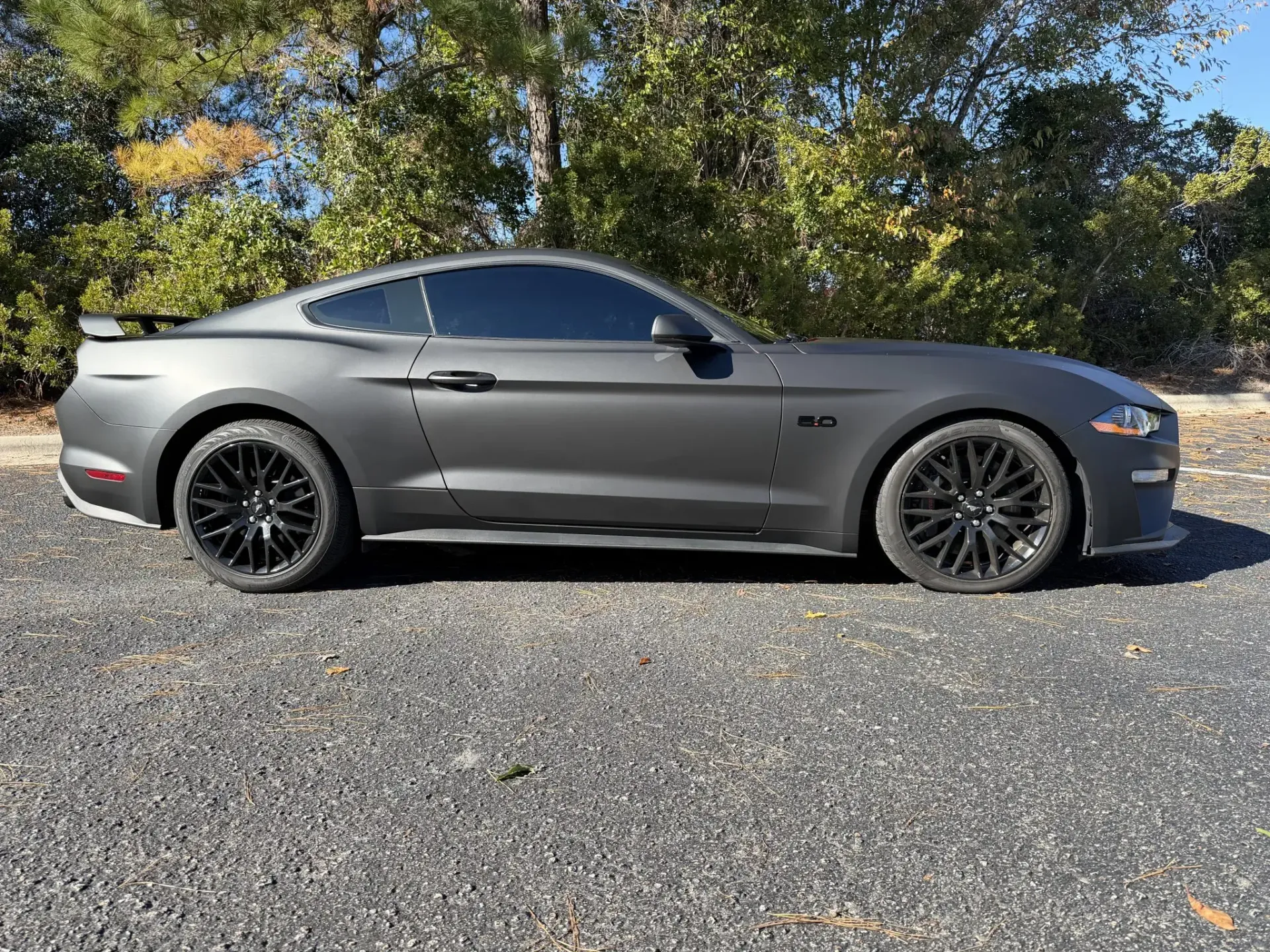 Gray sports coupe parked on gravel with trees in the background