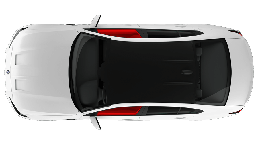 Top-down view of a white car with a black roof and red interior accents