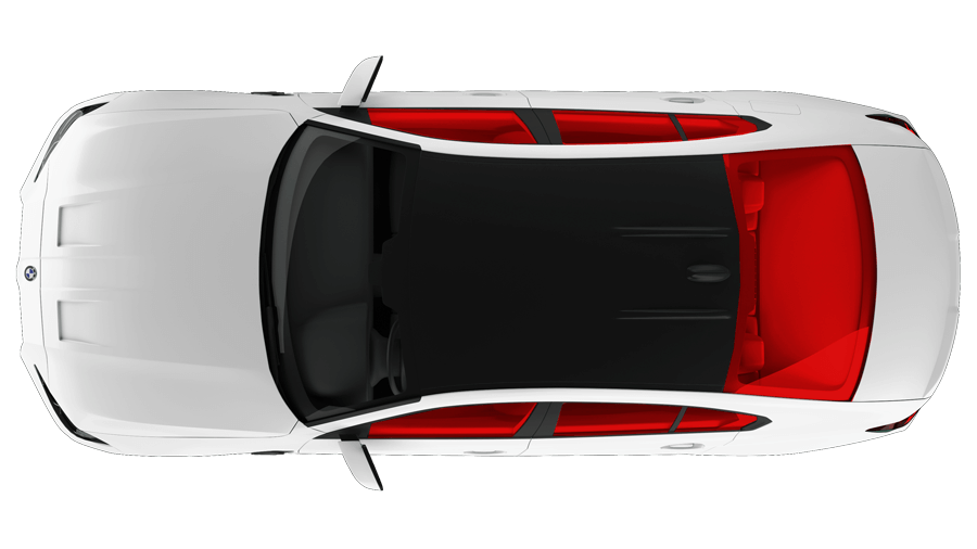 Top-down view of a white sports car with a black roof and red interior accents
