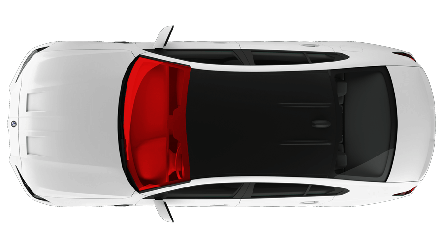 Top-down view of a white sedan with a red roof accent and dark tinted windows