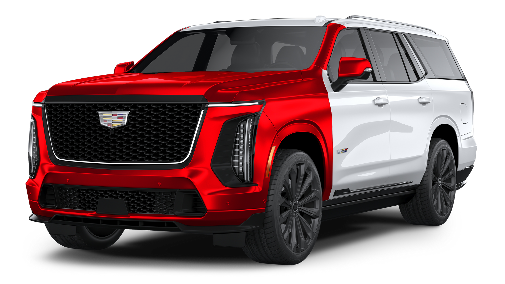 White Cadillac Escalade SUV on a white background, shown in front-left three-quarter view