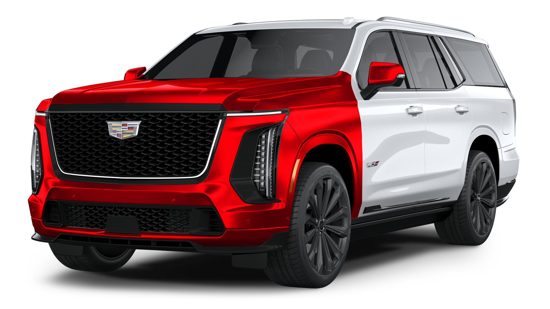 White Cadillac Escalade SUV on a white background, shown in front-left three-quarter view