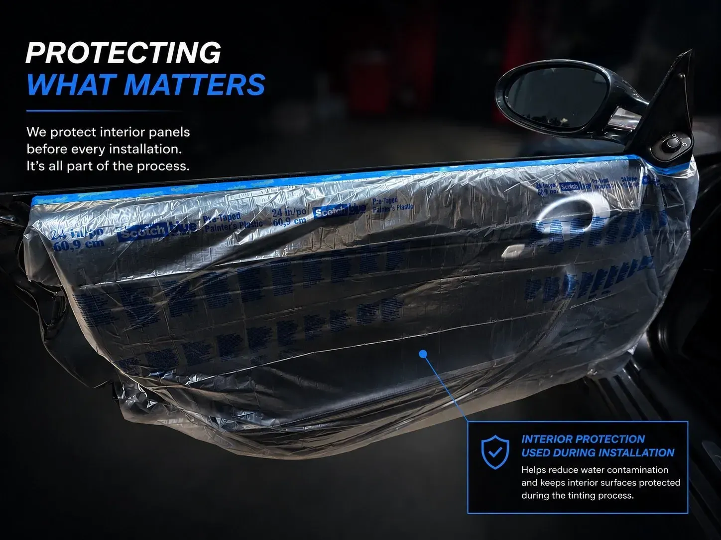 Clear plastic protective cover over a car seat, with text reading “Protecting What Matters.”