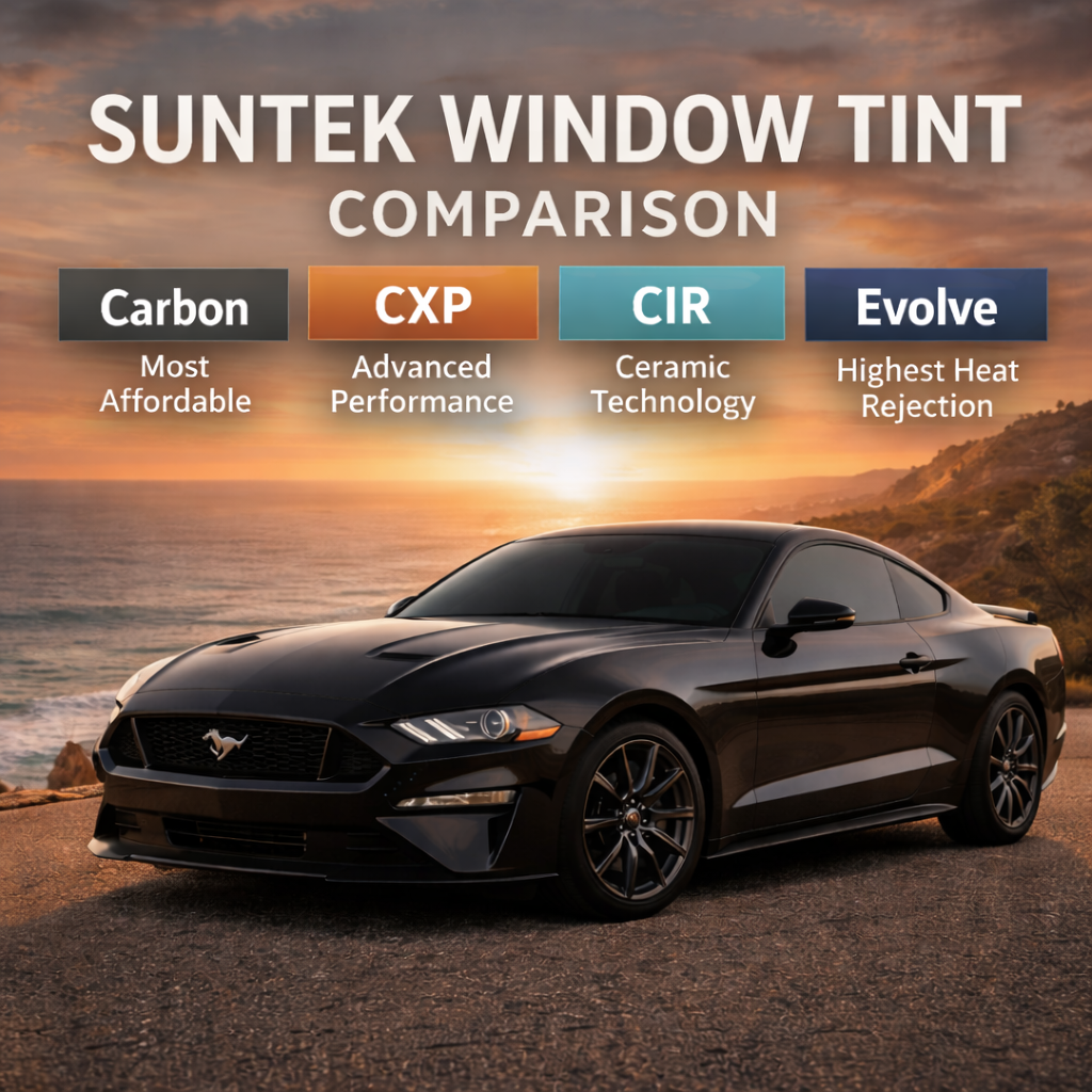 SunTek Window Tint Comparison ad with four tint options and a black sports car at sunset
