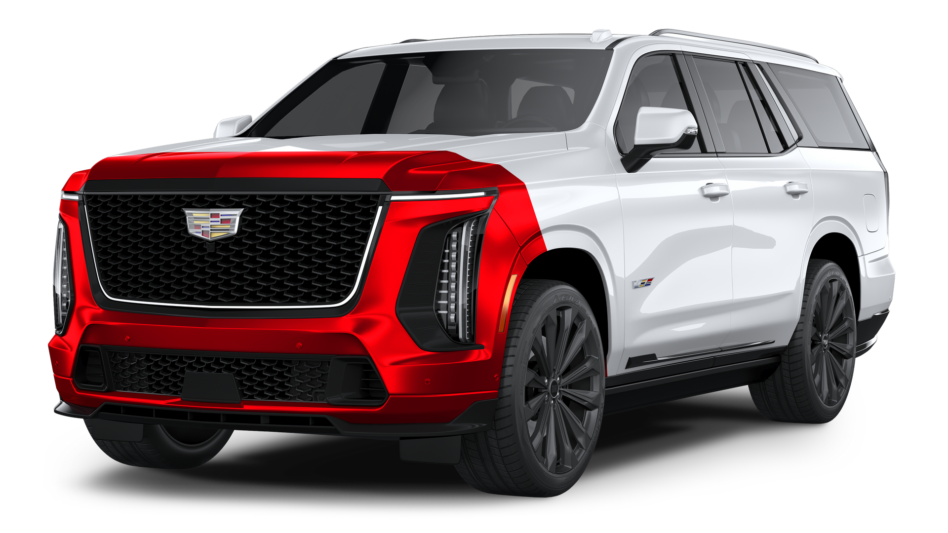 White Cadillac Escalade SUV on a white background, shown in front-left three-quarter view