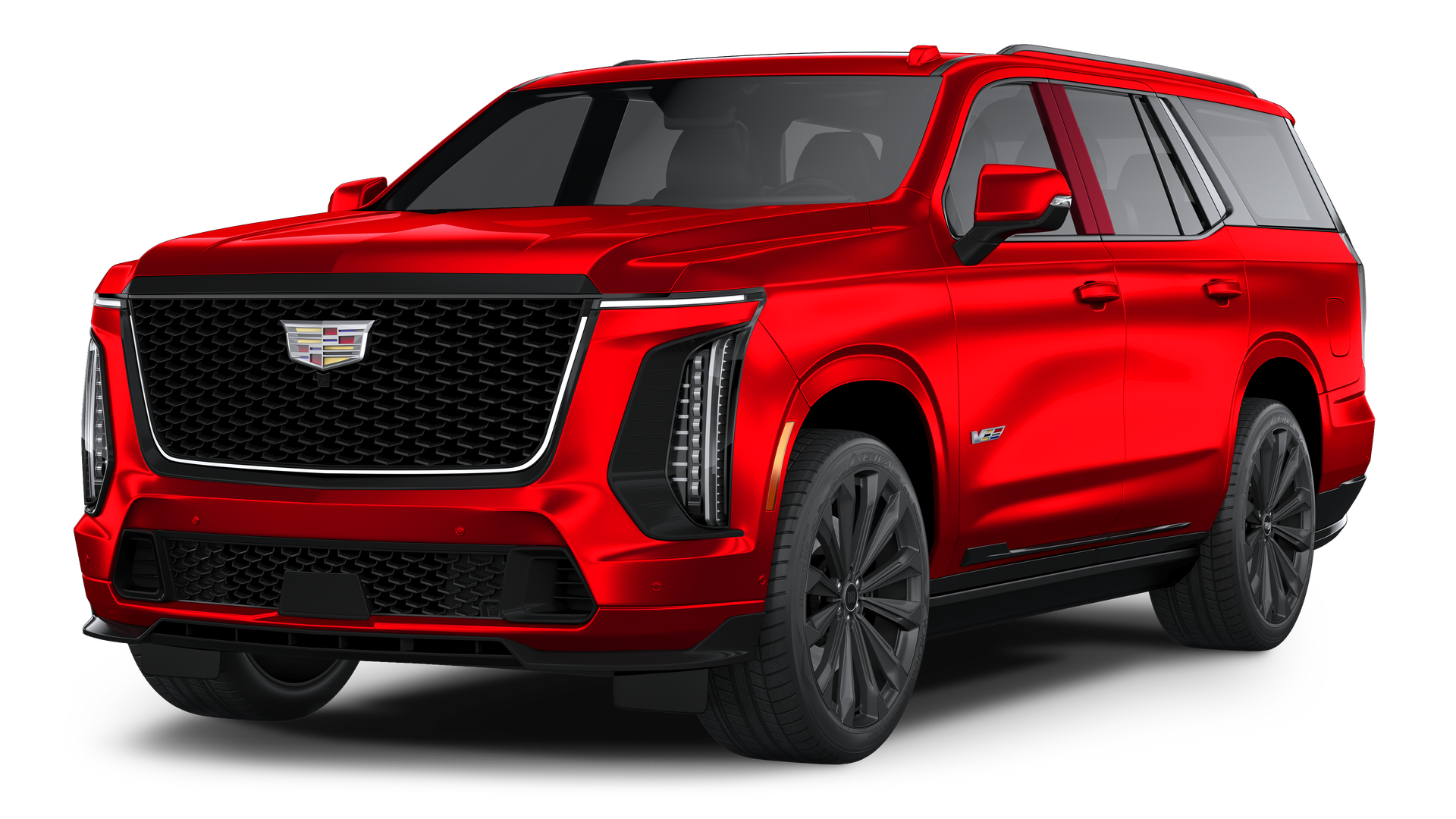 Red Cadillac Escalade SUV in bright red, front three-quarter view on a white background