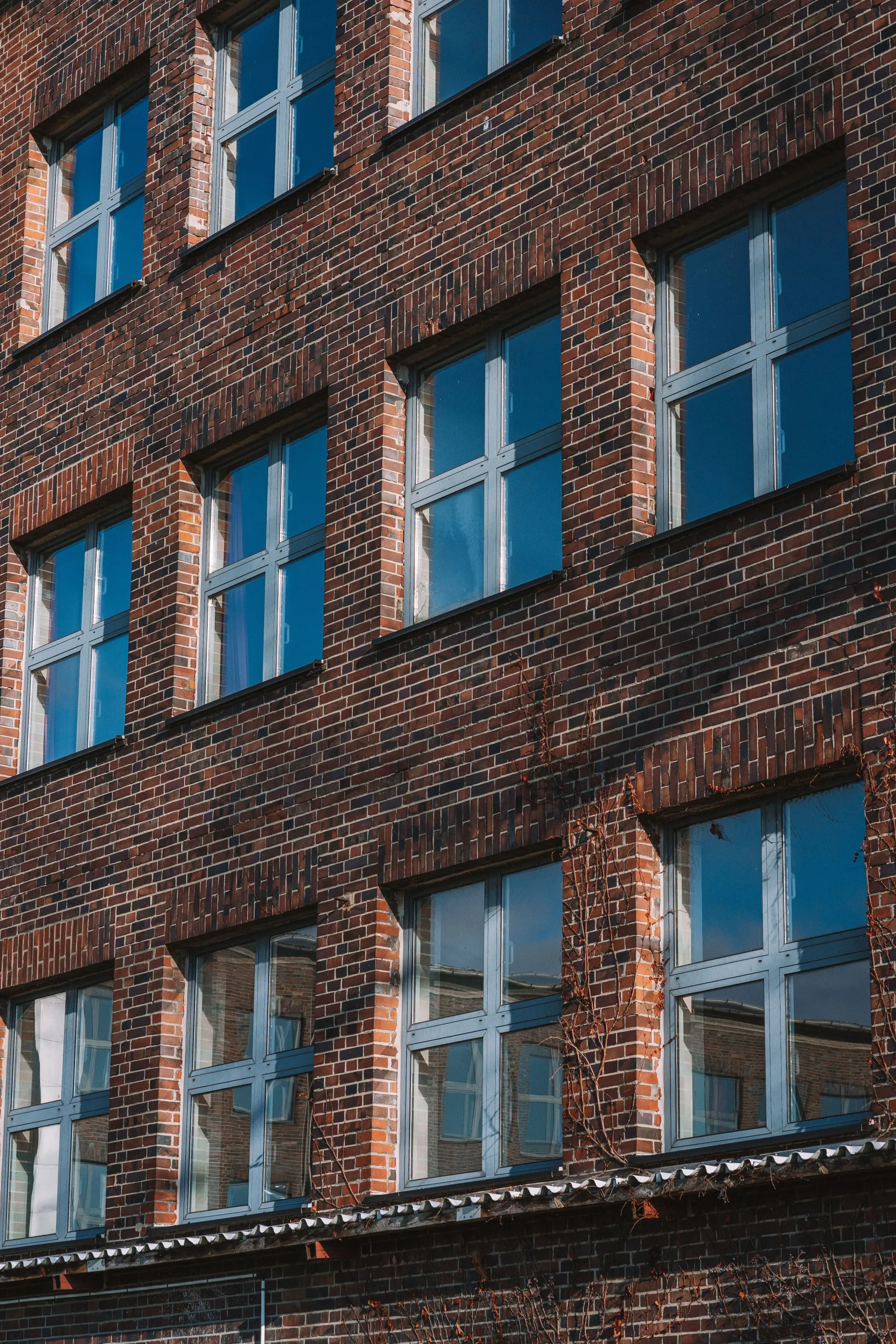 Brick building facade with blue-framed windows reflecting the sky