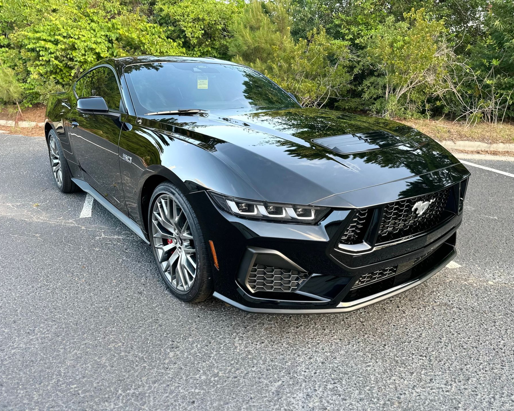 Black sports coupe parked on a road, viewed from the front-left, with trees in the background.