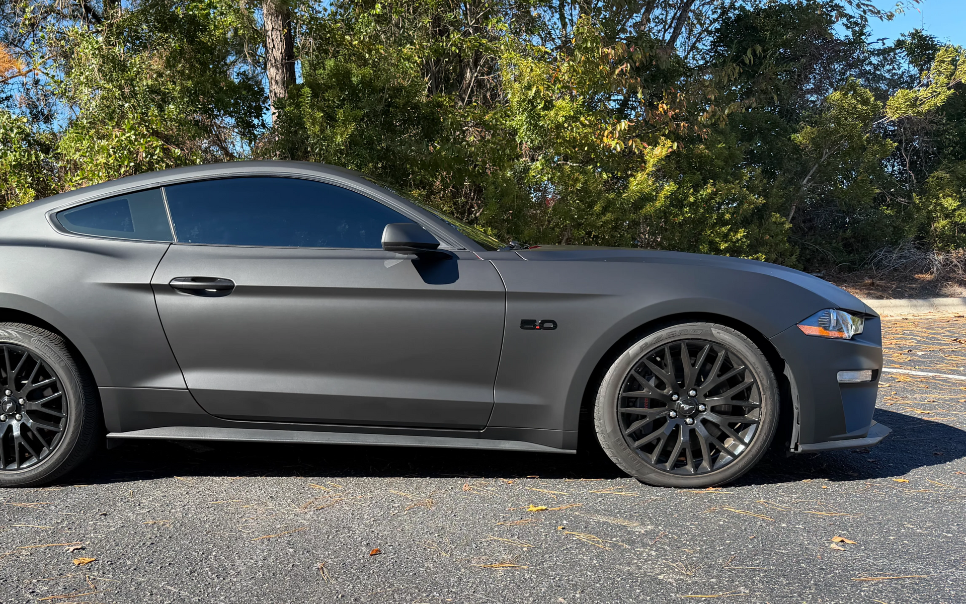 Gray sports car parked on a gravel road with trees in the background