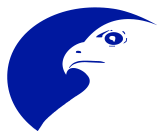 Blue and white falcon head within a blue crescent.
