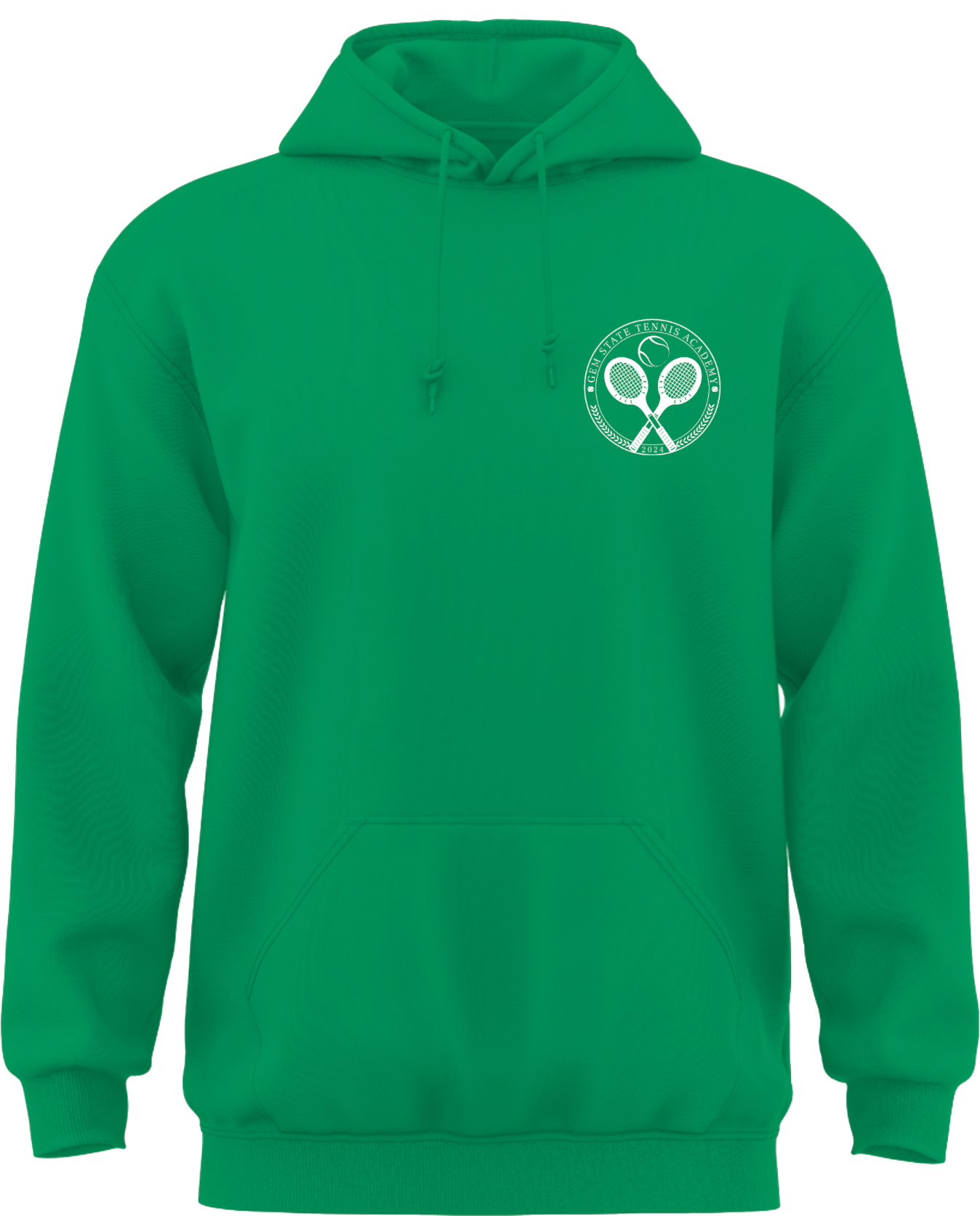 Green tennis hoodie with white logo on chest.