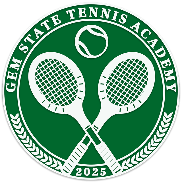 Gem State Tennis Academy logo: Tennis rackets crossed, tennis ball, text, and laurel wreath.