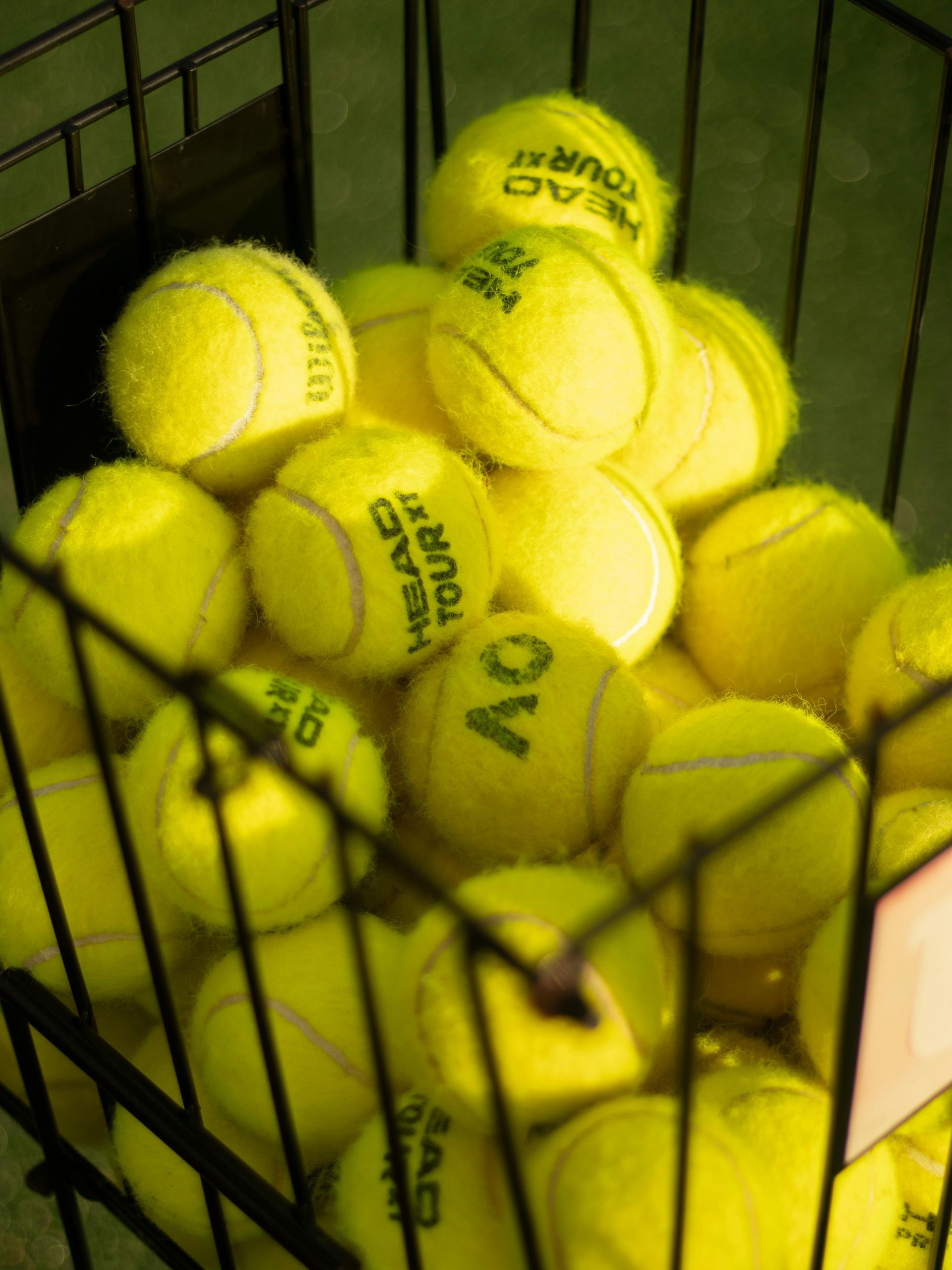 Yellow tennis balls in a black wire basket, close-up.
