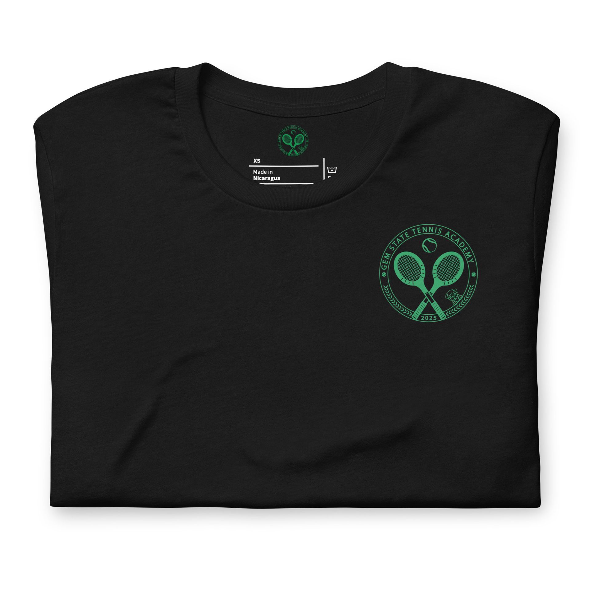 Black t-shirt with tennis-themed design in green, featuring crossed rackets and text.