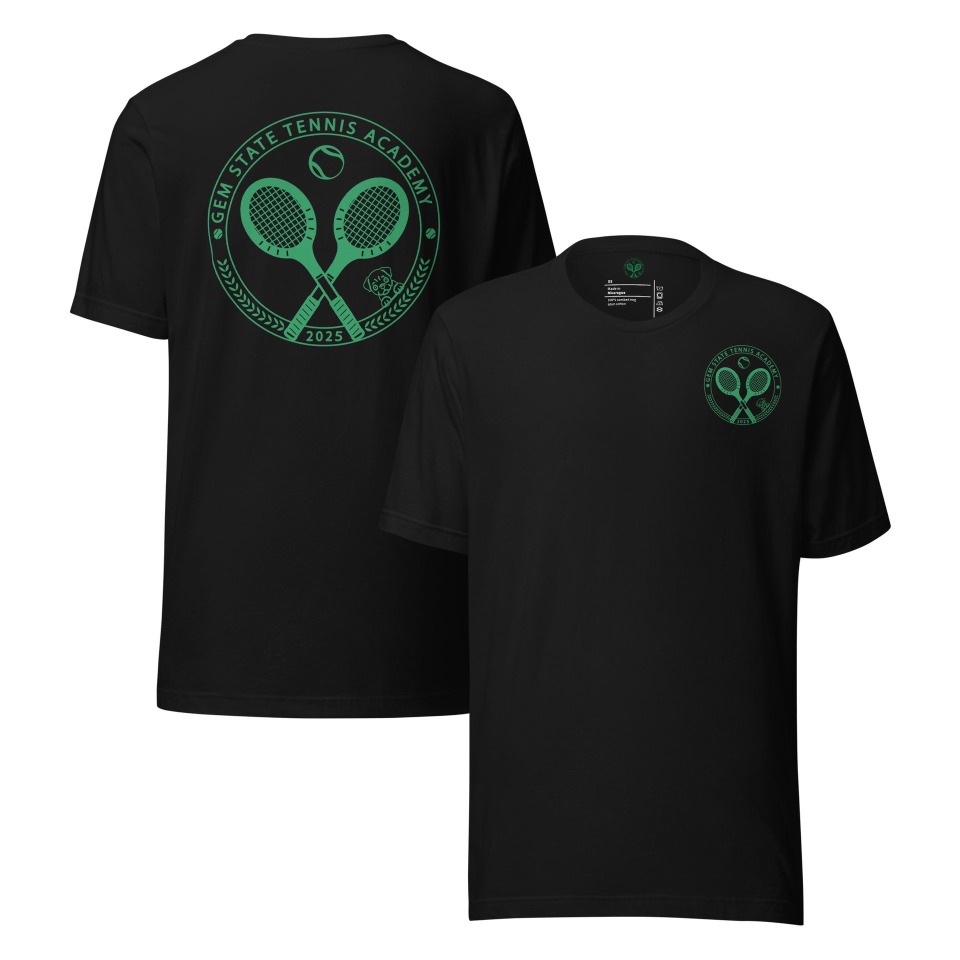 Black t-shirt with tennis-themed design in green, featuring crossed rackets and text.