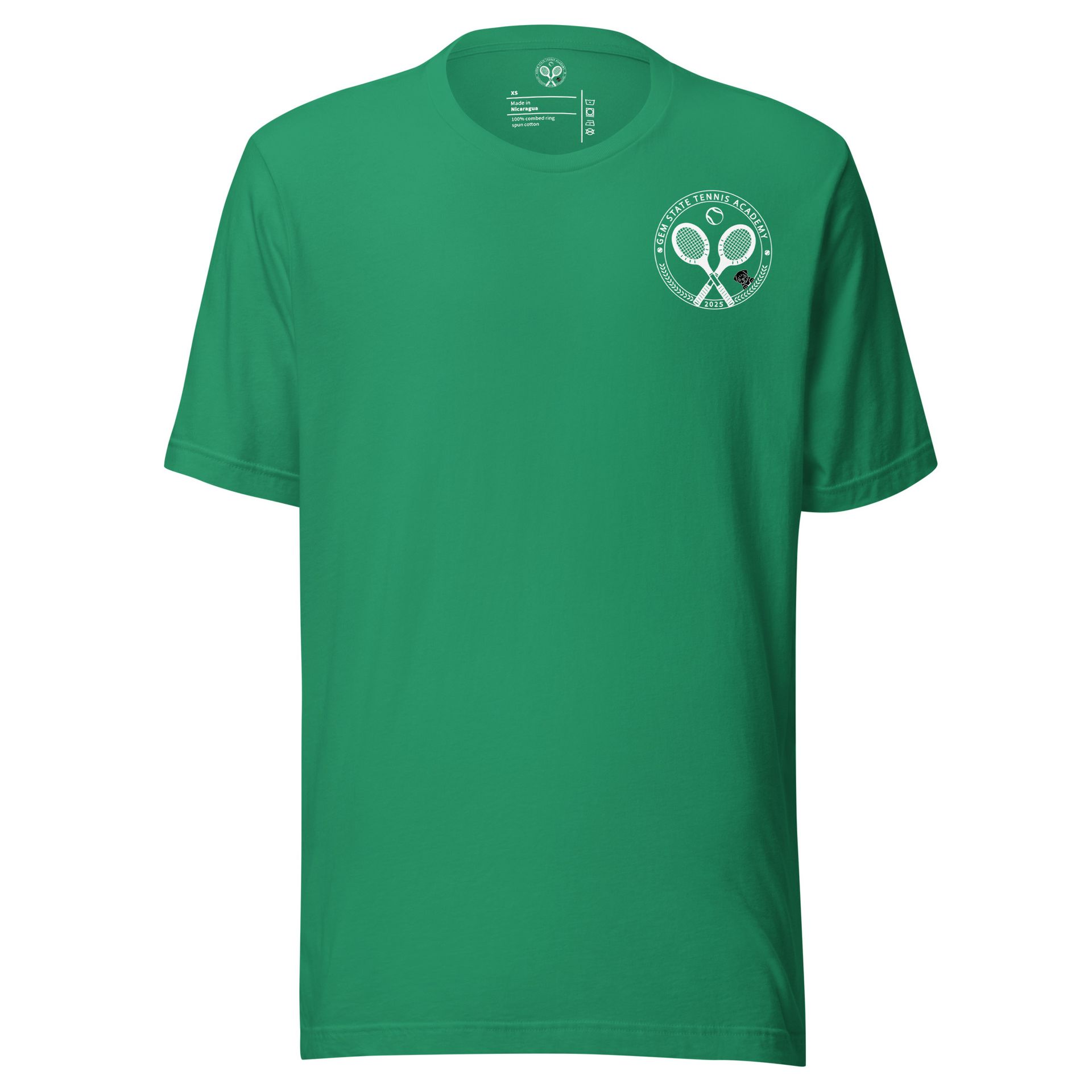 Green t-shirt with a tennis-themed logo on the chest.