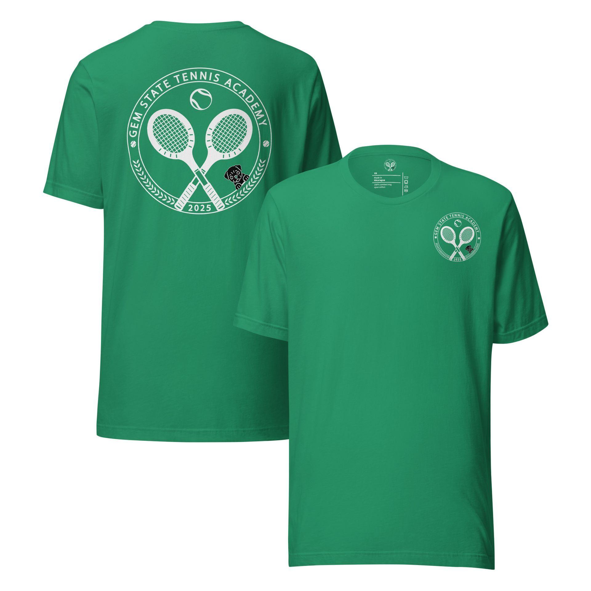 Green t-shirt with a tennis-themed logo on the chest.