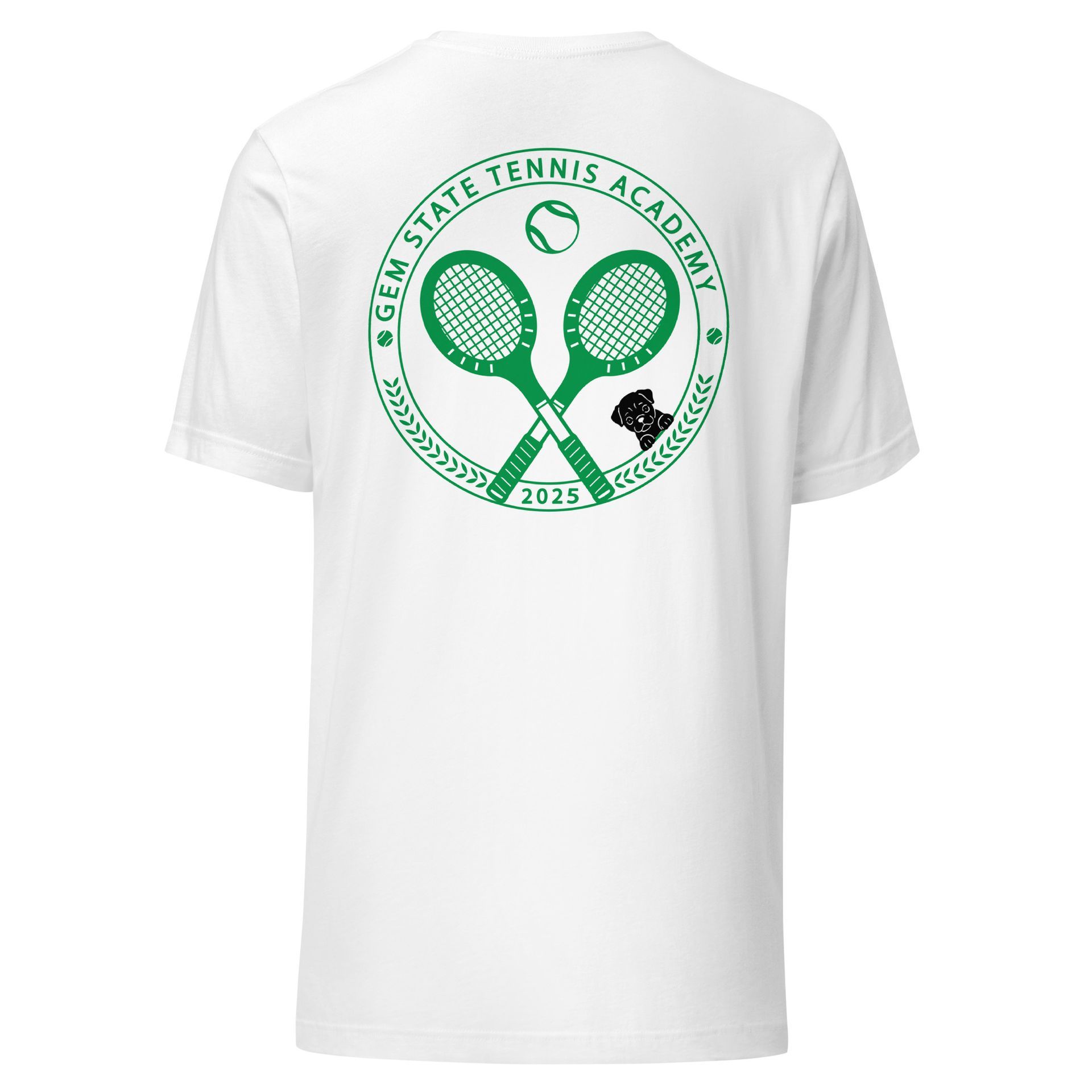White t-shirt with a green tennis academy logo on the back. The logo has crossed rackets, a ball, and text.