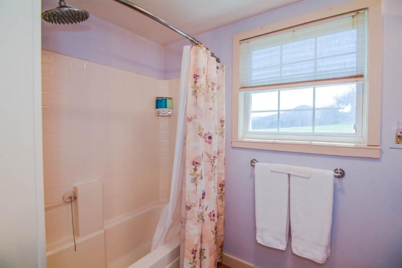 Bathroom with bathtub, shower curtain, towel bar, and window with blinds