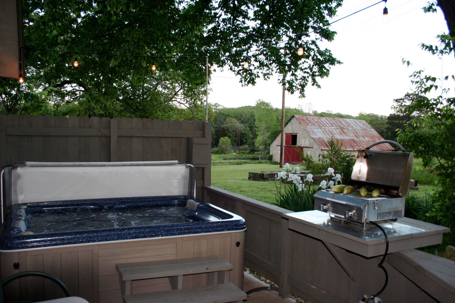 Backyard patio with a hot tub and gas grill beside a wooden fence and green trees