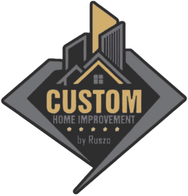 Logo for Custom Home Improvement, features stylized building shapes in gold and gray, inside a diamond shape.
