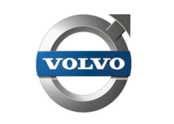Logotipo de Volvo: círculo plateado con una barra azul y la palabra blanca "VOLVO", y una flecha que apunta hacia arriba.