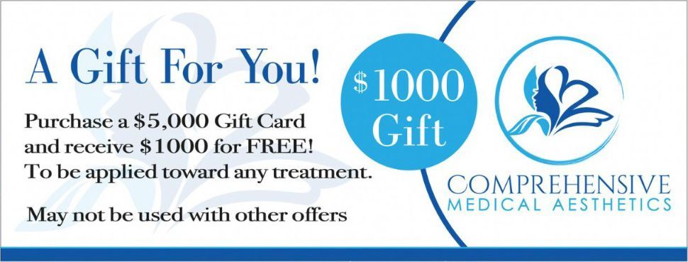 Gift card promotion: Buy $5,000 gift card, get $1,000 free. Blue and white design. Comprehensive Medical Aesthetics logo.