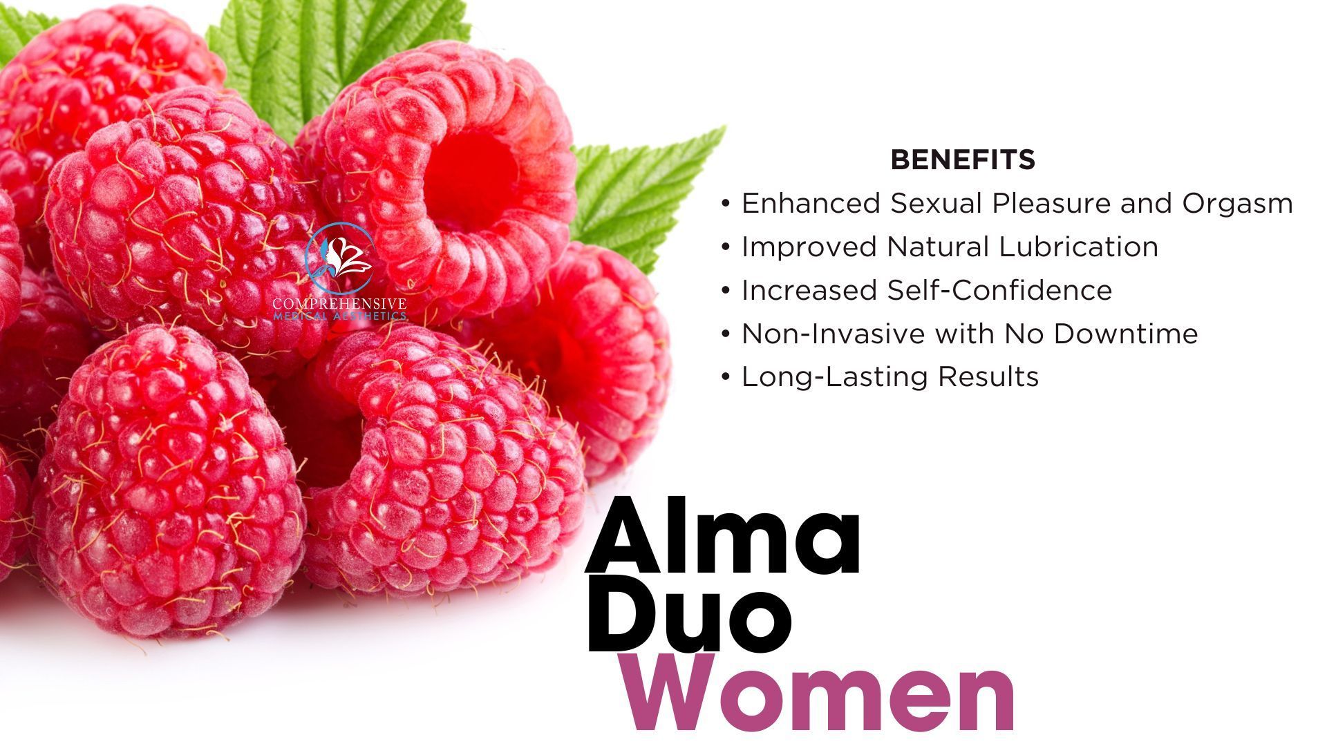 Close-up of raspberries with text: