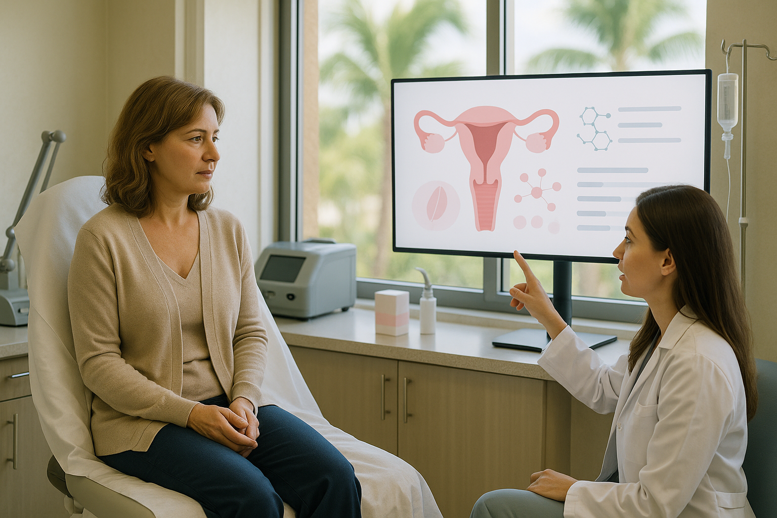 Doctor pointing to diagram of uterus; patient in exam room.