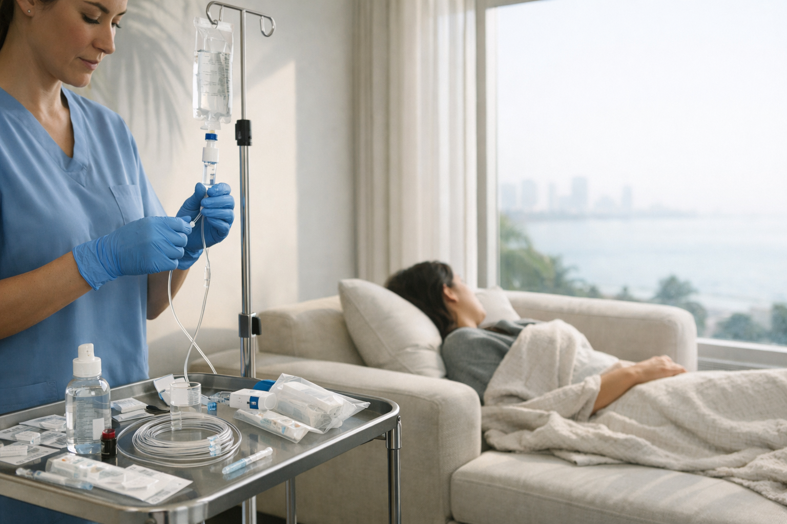 Nurse prepares IV drip for patient resting on couch by window.