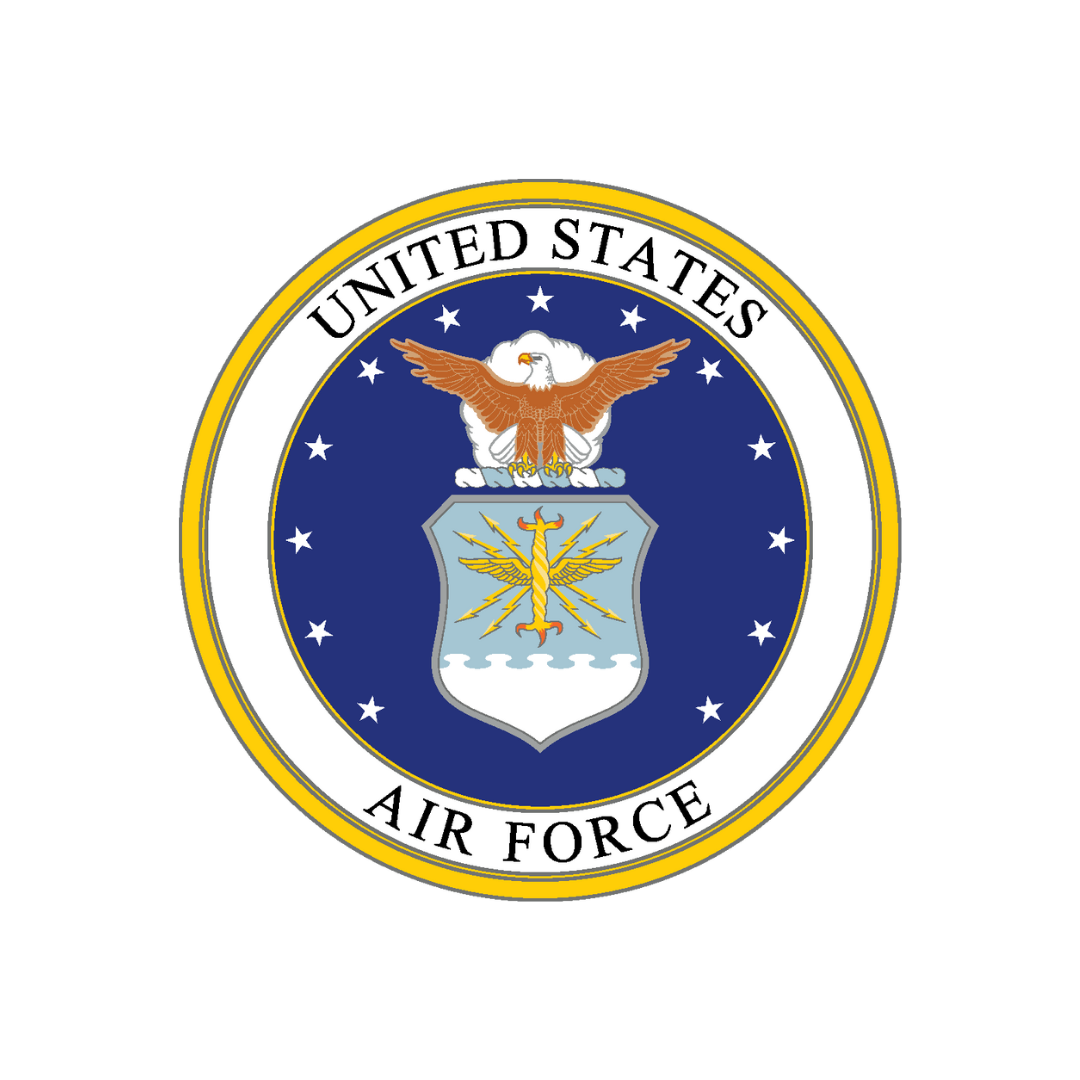 United States Air Force emblem with eagle and shield on a blue background, surrounded by stars and text.