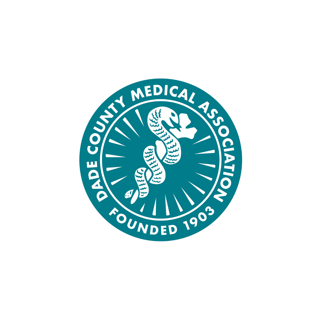 Dade County Medical Association logo with caduceus symbol, teal and white. Founded 1903.