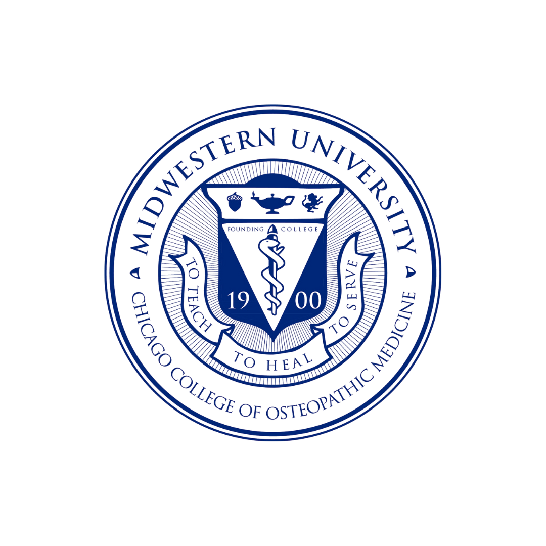 Midwestern University Chicago College of Osteopathic Medicine seal, blue and white circular emblem.