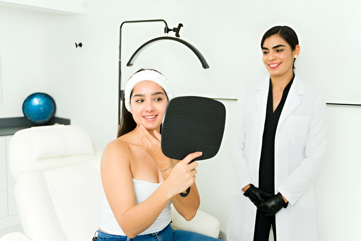 Woman looking in mirror after procedure at clinic; smiling doctor in white coat.