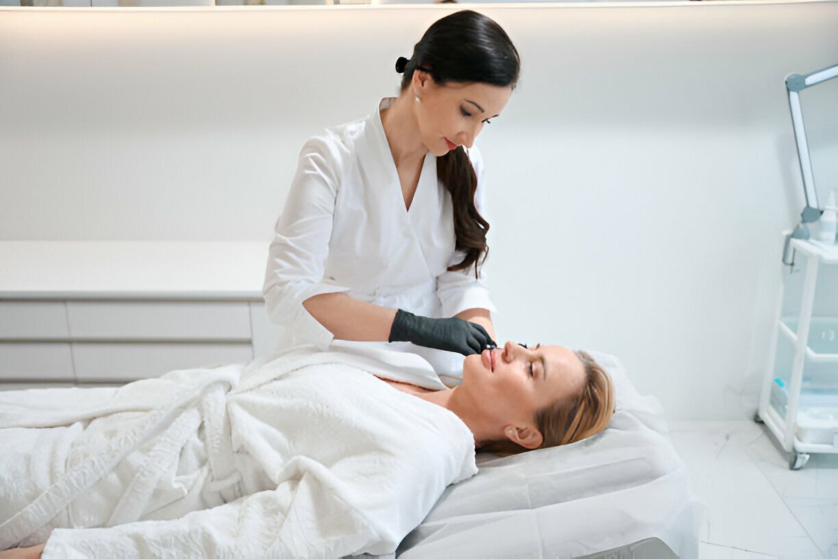 A person receiving a cosmetic procedure on their face from a healthcare professional in a white-walled room.