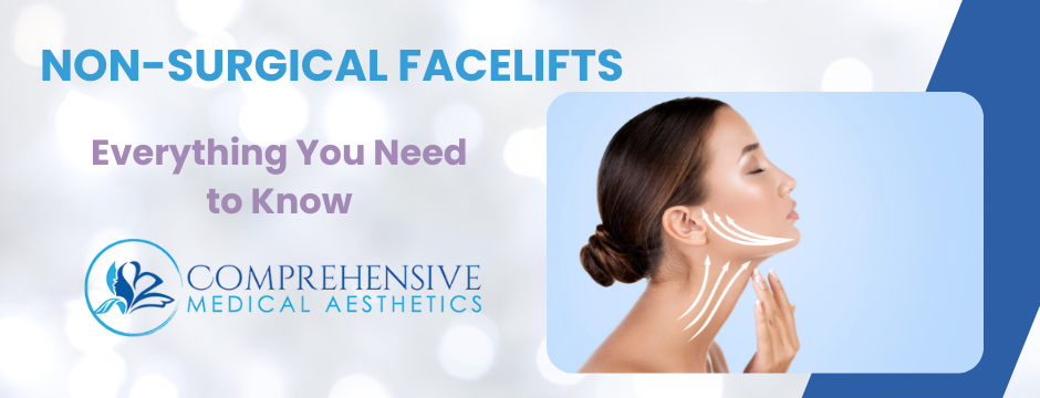 A graphic promoting non-surgical facelifts. A woman with an aesthetic treatment diagram. 