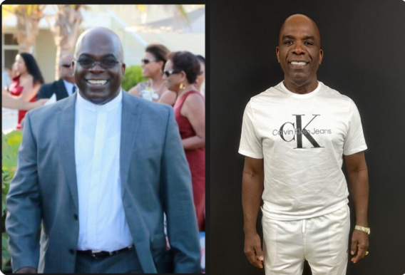 Side-by-side photos of a man: one in a suit, smiling at an event, and the other in a white shirt and pants.