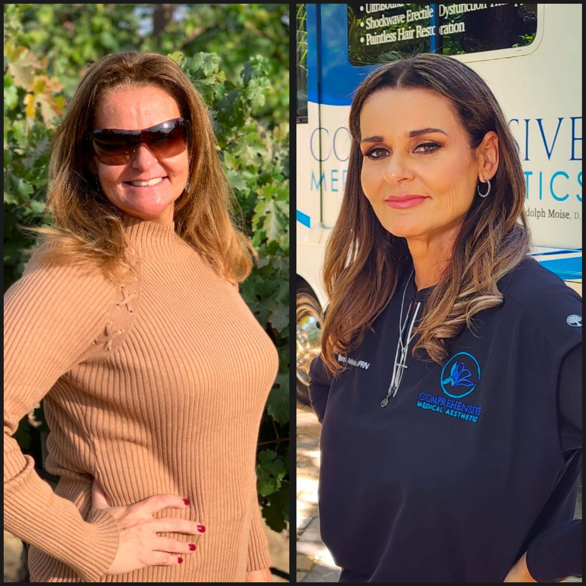 Side-by-side comparison of a person in casual wear versus in professional attire.
