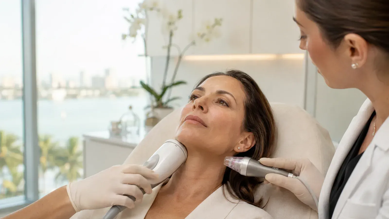 Two clinicians using handheld devices on a reclining patient in a bright medical spa room