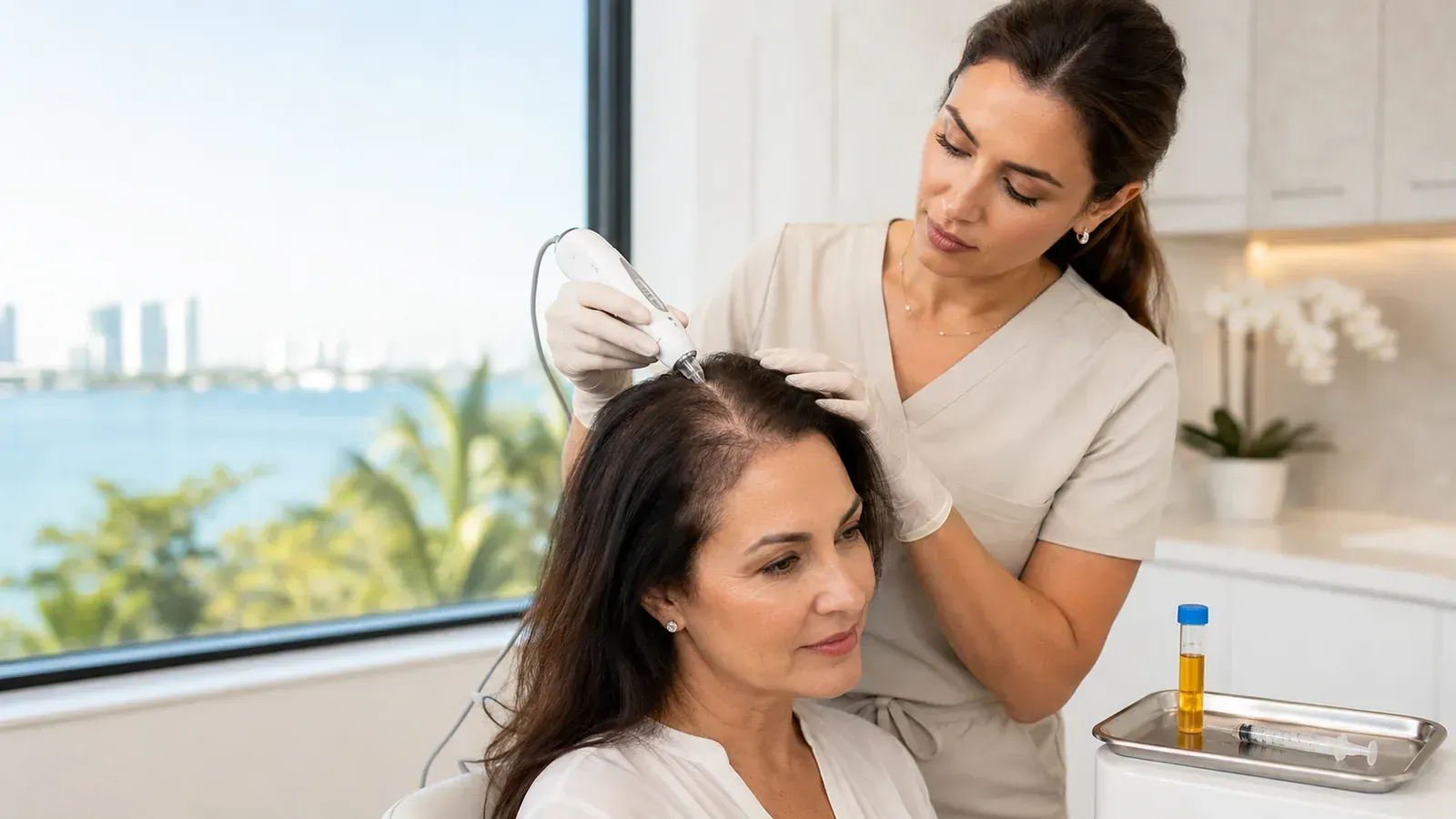 Stylist applying hair dye to a seated client in a bright salon by a window