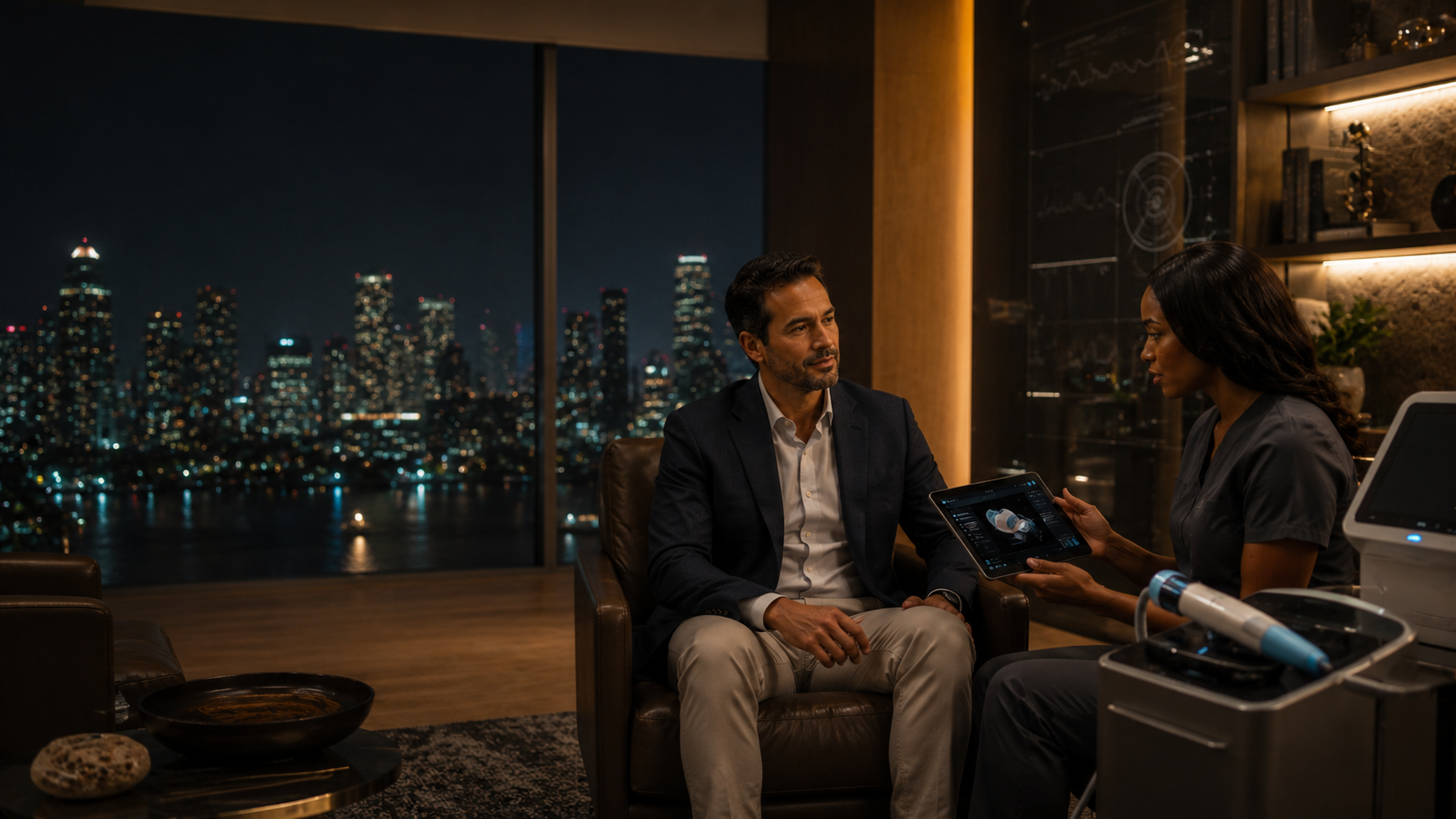 Two people talking in a modern lounge with city skyline at night through large windows.