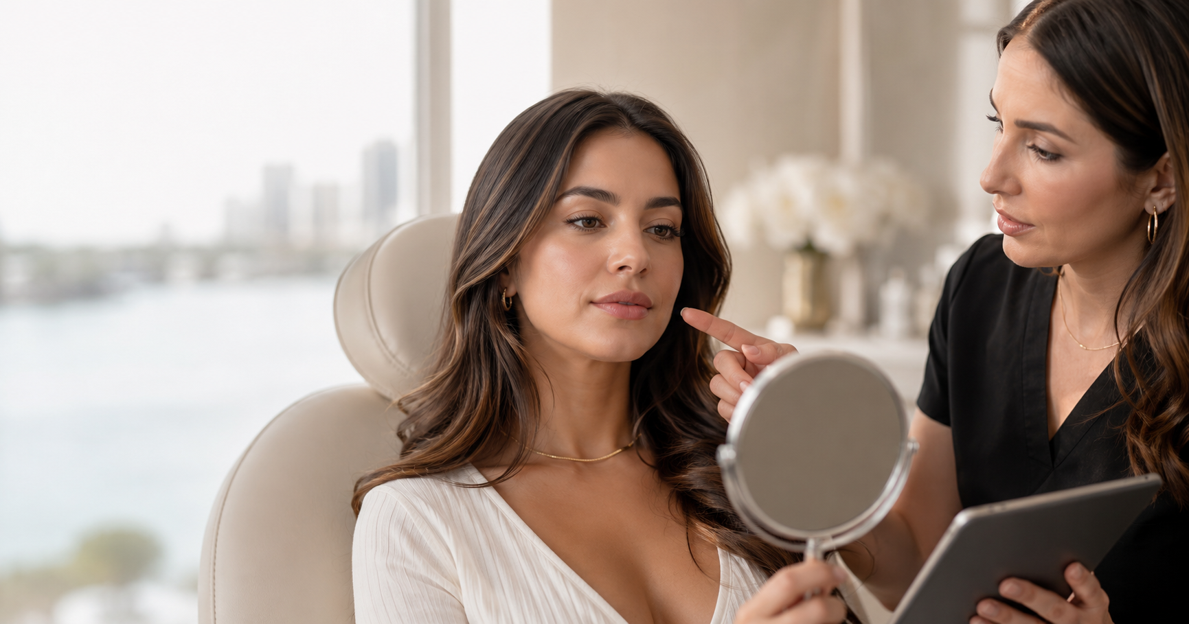Woman applies makeup while holding a mirror, with another woman assisting in a bright room.