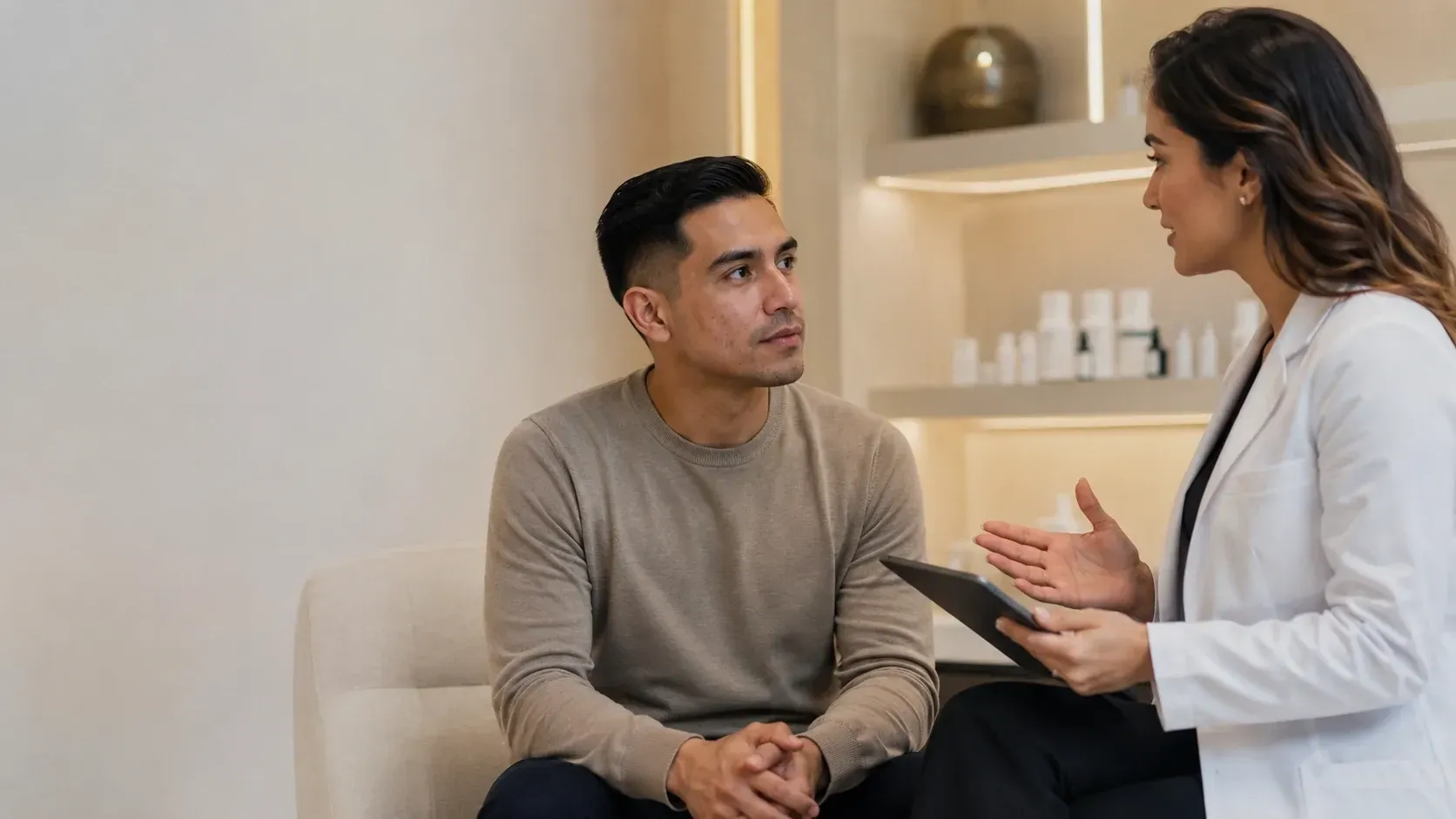 Two people talking in a bright 상담 room, one seated and one standing with a notepad.