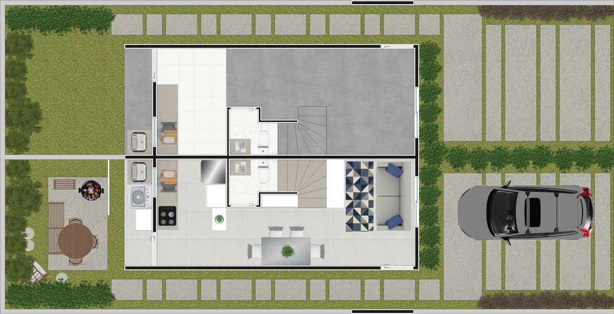 Planta baixa vista de cima, mostrando uma casa com cozinha, sala de estar, pátio nos fundos com mobília e uma entrada pavimentada para carros.